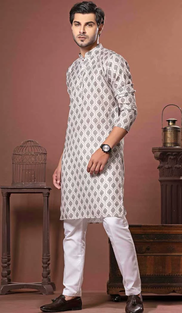 Cream Mehendi Cotton Digital Print Work Party Wear Men Kurta Pajama - 11468201083