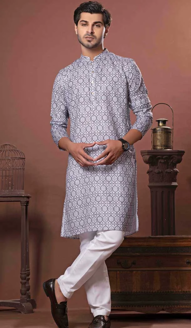 Cotton Digital Print Work Party Wear Men Kurta Pajama In White Multi Color - 11468201085
