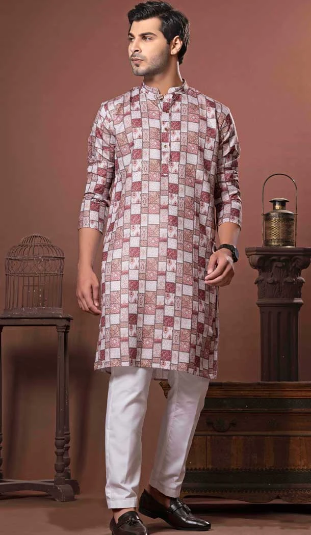 Wine Multi Color Cotton Digital Print Work Party Wear Men Kurta Pajama - 11468201087