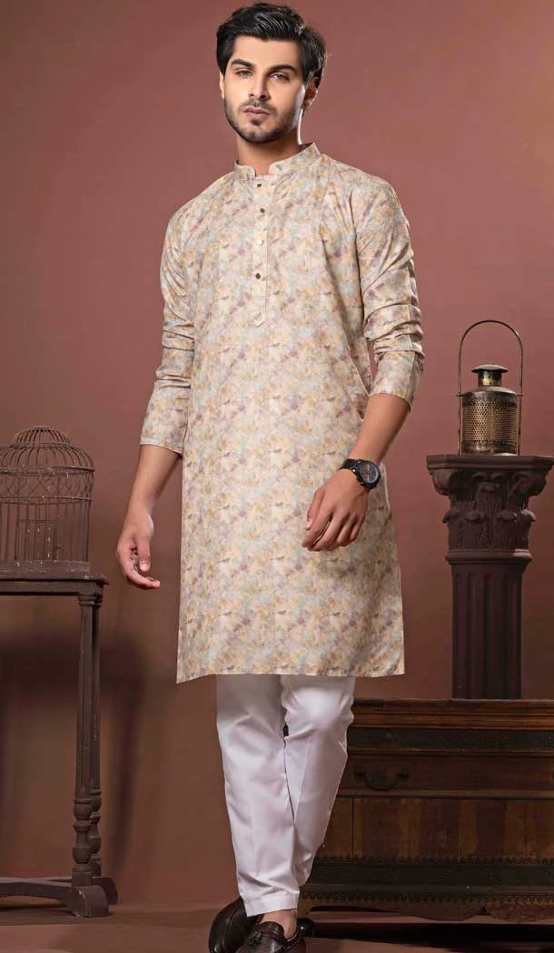 Yellow Soft Cotton Digital Print Work Function Wear Men's Kurta Pajama - 11468201093