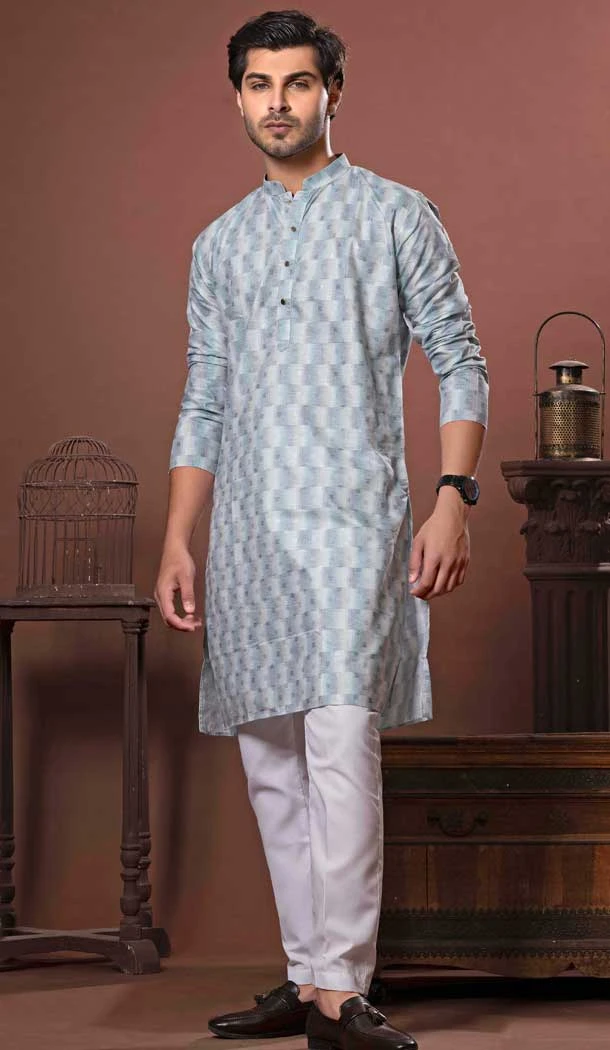 Sky Blue Soft Cotton Digital Print Work Function Wear Men's Kurta Pajama - 11468201095