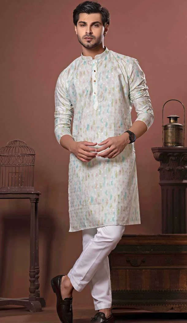 Light Yellowish Green Soft Cotton Digital Print Work Party Wear Men Kurta Pajama - 11468201096