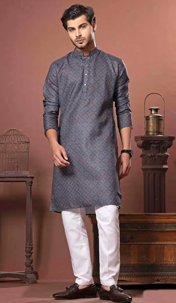 Dark Greyish Multi Color Soft Cotton Digital Print Work Party Wear Men Kurta Pajama - 11468201099