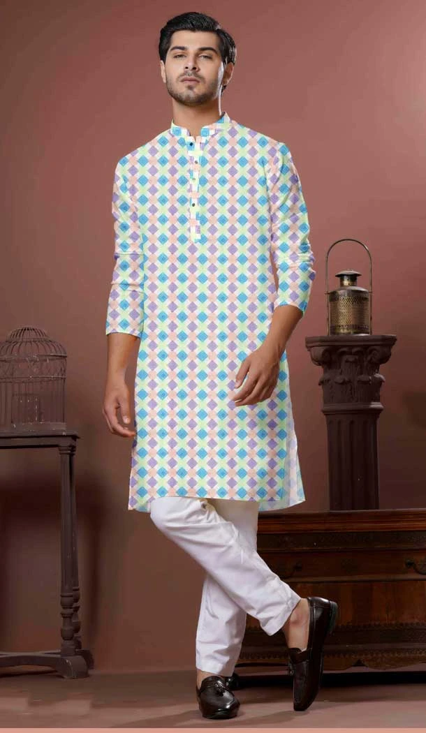 Multi Color Digital Print Soft Cotton Party Wear Men Kurta Pajama - 11468201100