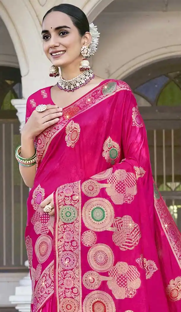 Rani Pink Art Silk Weaving Work Party Wear Saree - 11393200618