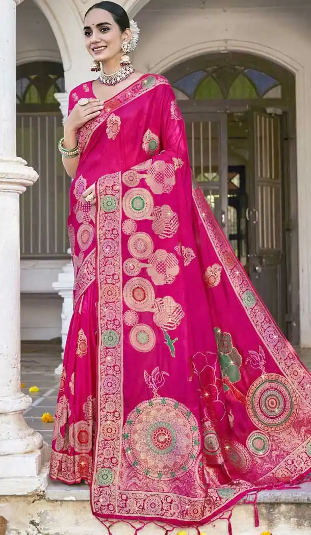 Rani Pink Art Silk Weaving Work Party Wear Saree - 11393200618
