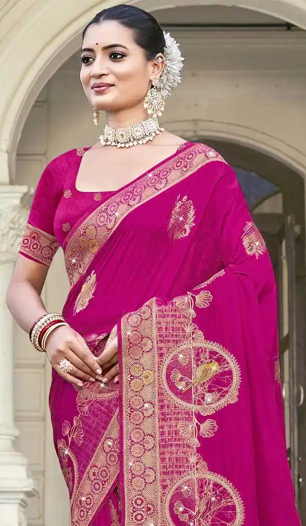Art Silk Weaving Work Designer Party Wear Saree In Rani Pink - 11394200624
