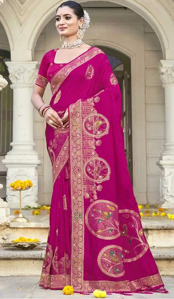 Art Silk Weaving Work Designer Party Wear Saree In Rani Pink - 11394200624