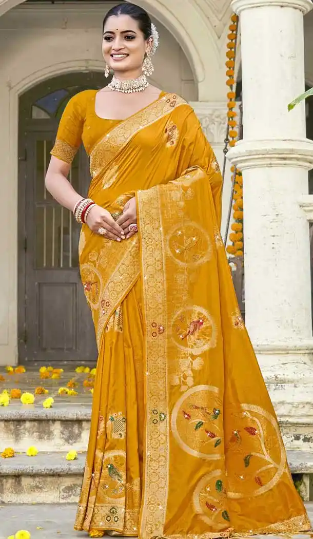 Art Silk Weaving Work Designer Party Wear Saree In Mustard - 11394200629