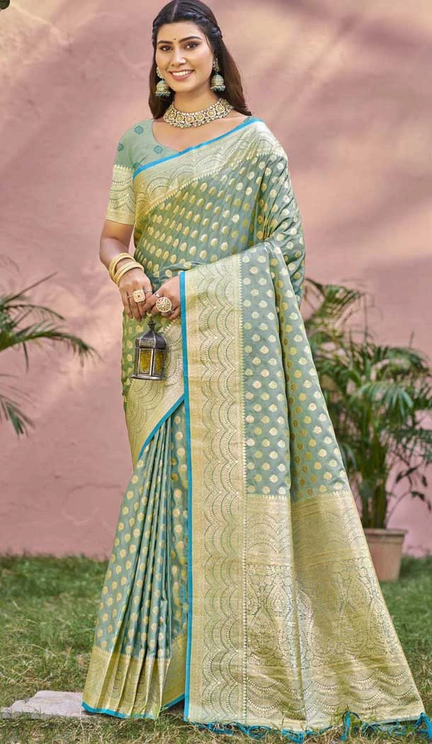 Art Silk Printed Work Traditional Wear Saree Mint Green - 11411200687