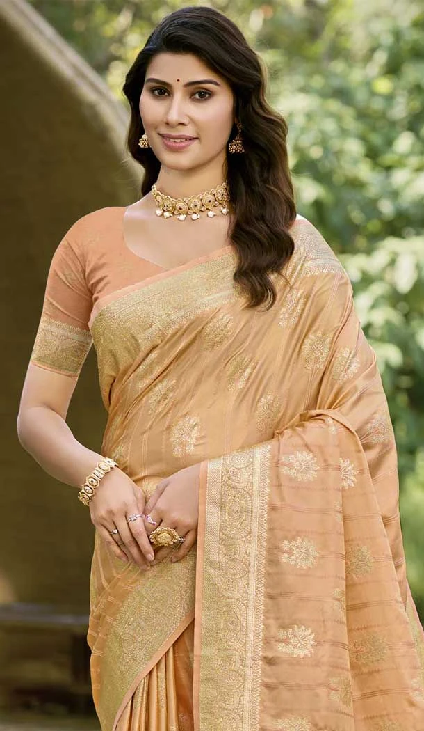 Art Silk Zari Work Designer Party Wear Saree In Peach - 11412200689