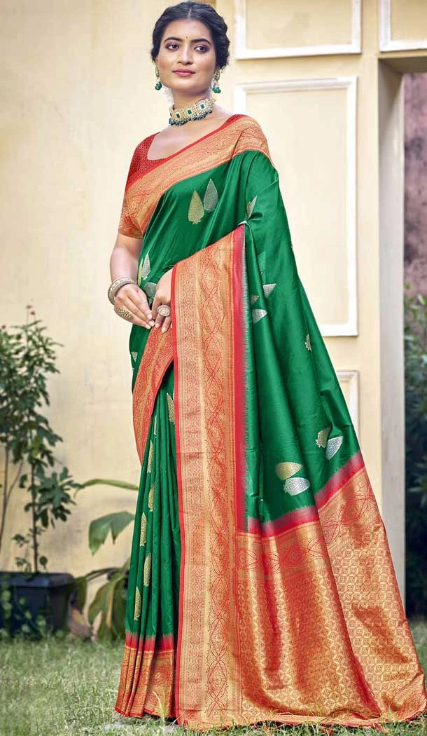 Art Silk Weaving Work Traditional Wear Saree In Dark Green - 11425200779