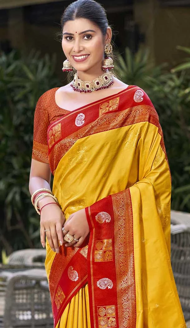 Art Silk Weaving Work Traditional Party Wear Saree In Mustard - 11427200789