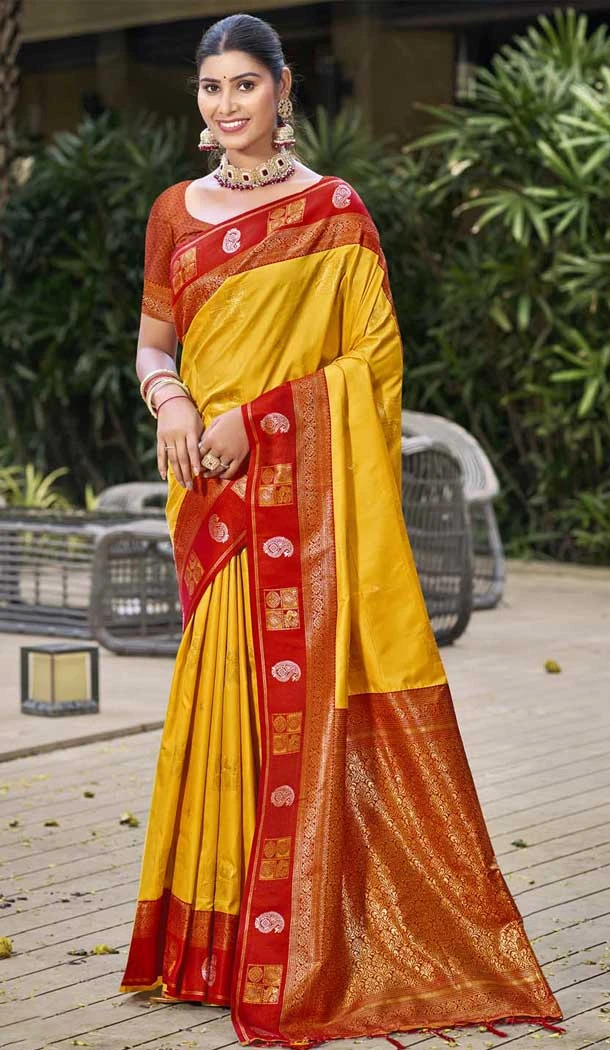 Art Silk Weaving Work Traditional Party Wear Saree In Mustard - 11427200789