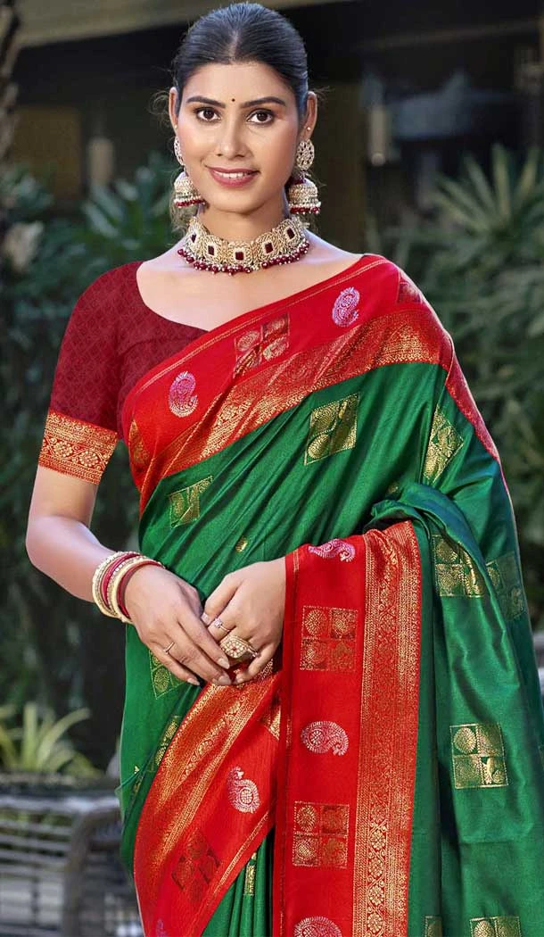 Art Silk Weaving Work Traditional Party Wear Saree In Dark Green - 11427200790