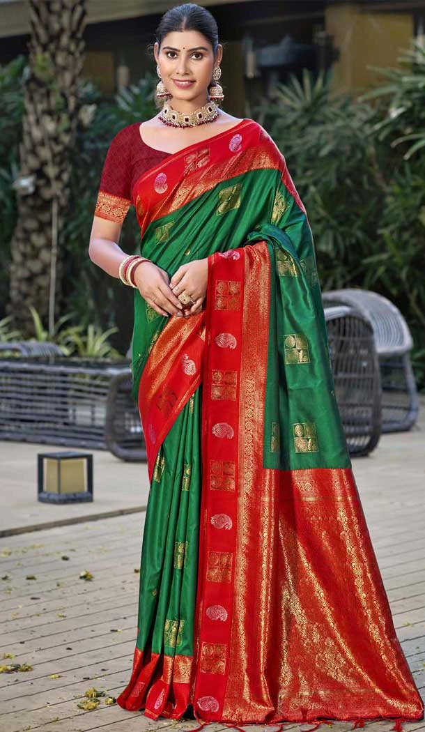 Art Silk Weaving Work Traditional Party Wear Saree In Dark Green - 11427200790