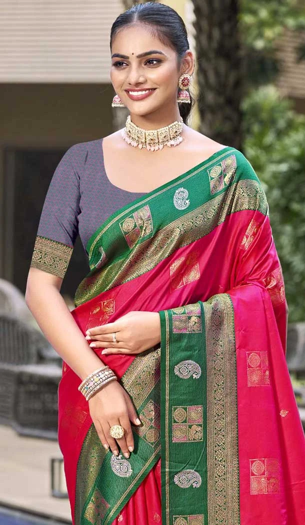 Art Silk Weaving Work Traditional Party Wear Saree In Rani Pink - 11427200791