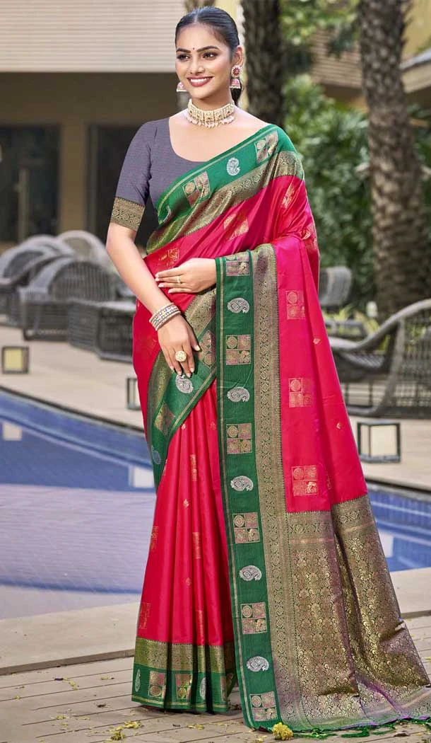 Art Silk Weaving Work Traditional Party Wear Saree In Rani Pink - 11427200791