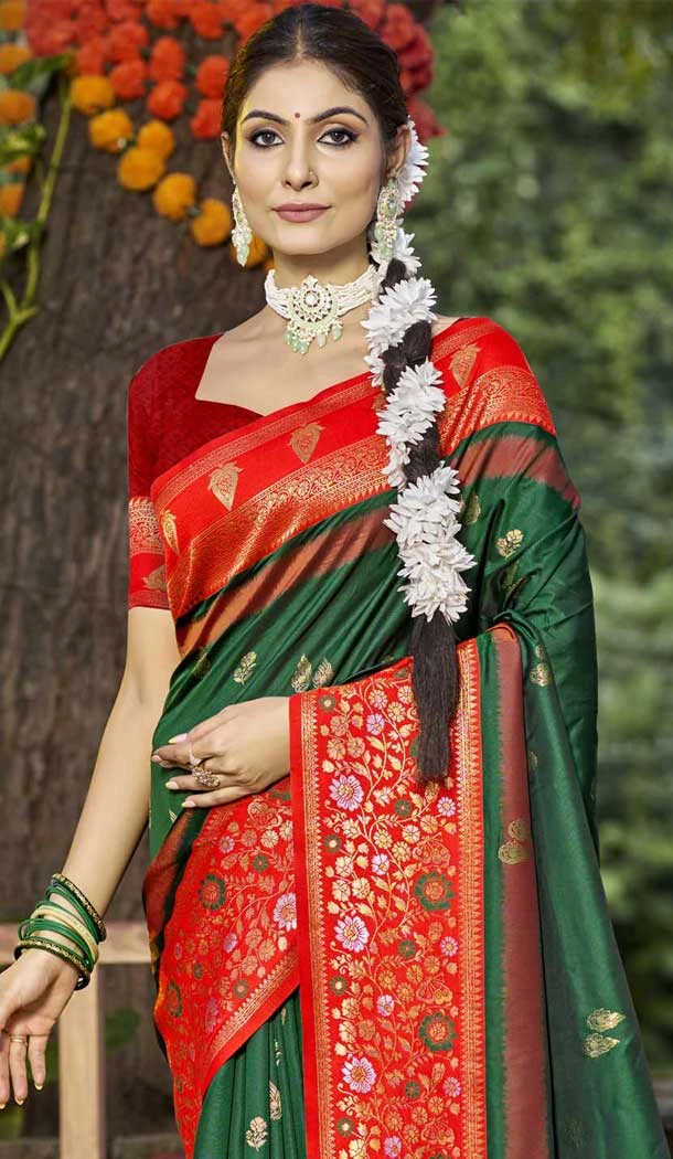 Dark Green Art Silk Woven Work Party Wear Saree - 11428200793