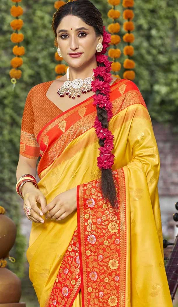 Yellow Art Silk Woven Work Party Wear Saree - 11428200794