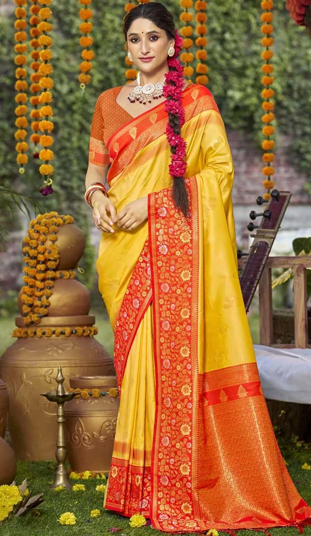 Yellow Art Silk Woven Work Party Wear Saree - 11428200794