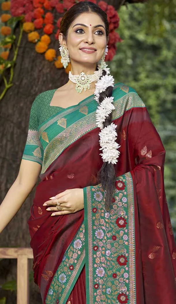 Wine Art Silk Woven Work Party Wear Saree - 11428200795