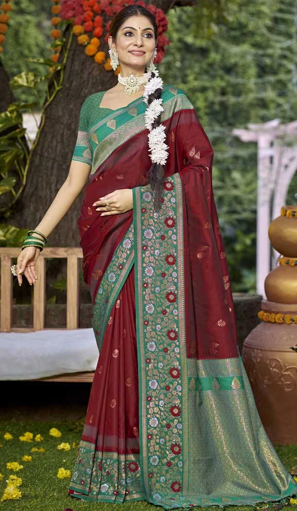 Wine Art Silk Woven Work Party Wear Saree - 11428200795