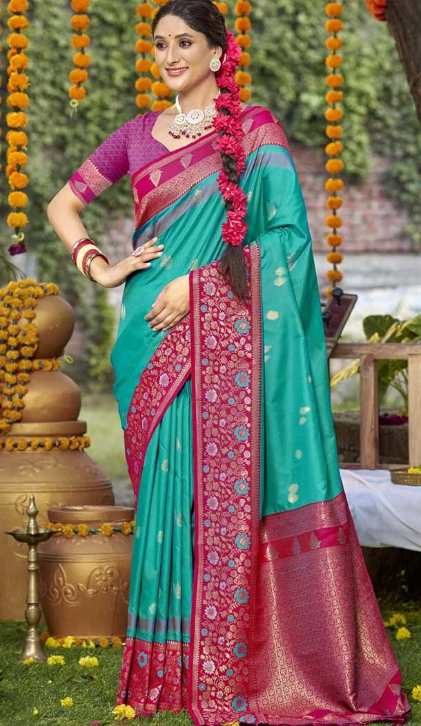 Firozi Blue Art Silk Woven Work Party Wear Saree - 11428200797
