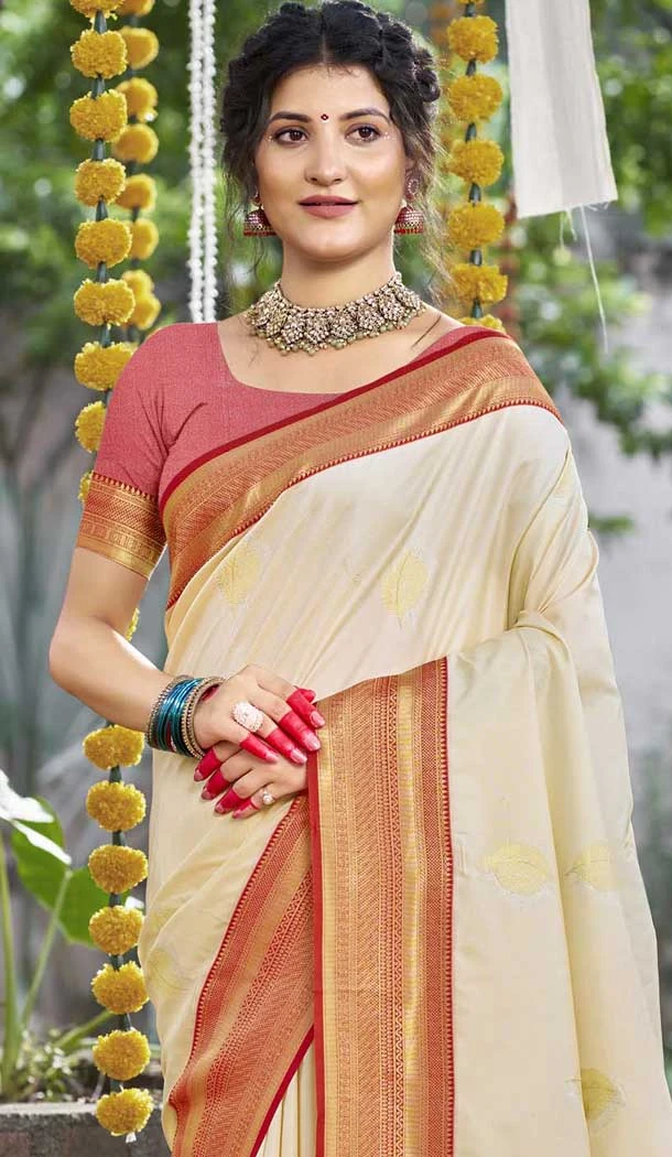 Art Silk Weaving Work Party Wear Saree In Cream - 11435200835