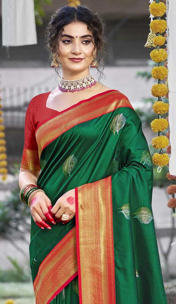 Art Silk Weaving Work Party Wear Saree In Dark Green - 11435200836
