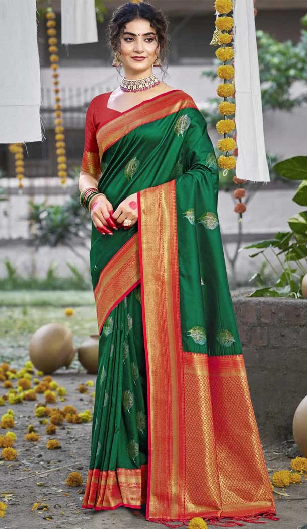 Art Silk Weaving Work Party Wear Saree In Dark Green - 11435200836