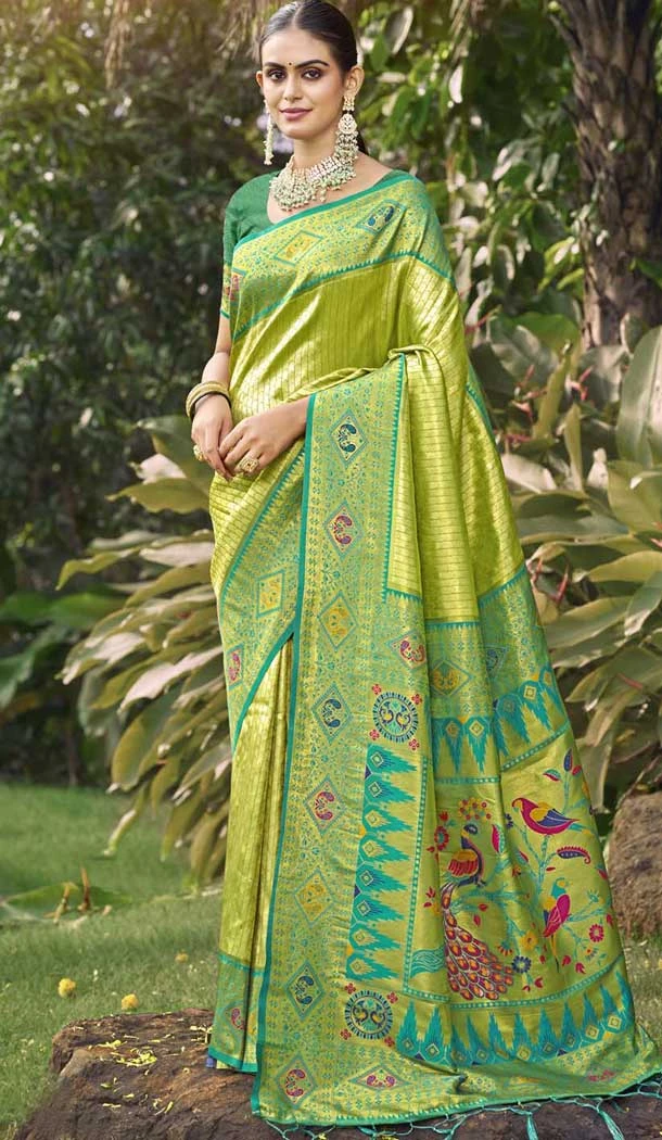 Parrot Green Art Silk Woven Work Designer Party Wear Saree - 11436200842