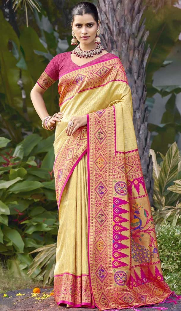 Pastel Yellow Art Silk Woven Work Designer Party Wear Saree - 11436200843