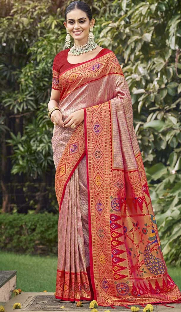 Dark Peach Art Silk Woven Work Designer Party Wear Saree - 11436200844