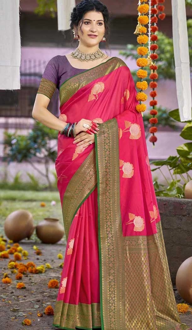 Art Silk Printed Party Wear Designer Saree In Rani Pink - 11437200846