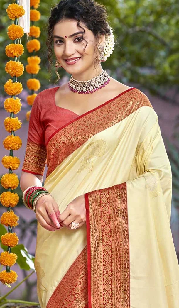 Art Silk Printed Party Wear Designer Saree In Cream - 11437200849