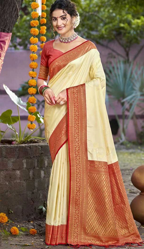 Art Silk Printed Party Wear Designer Saree In Cream - 11437200849