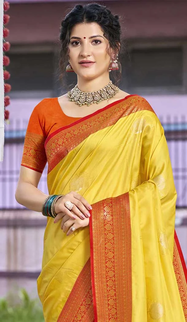 Art Silk Printed Party Wear Designer Saree In Yellow - 11437200851