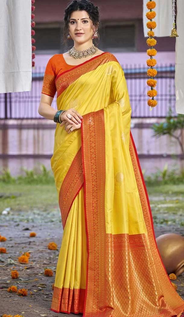 Art Silk Printed Party Wear Designer Saree In Yellow - 11437200851