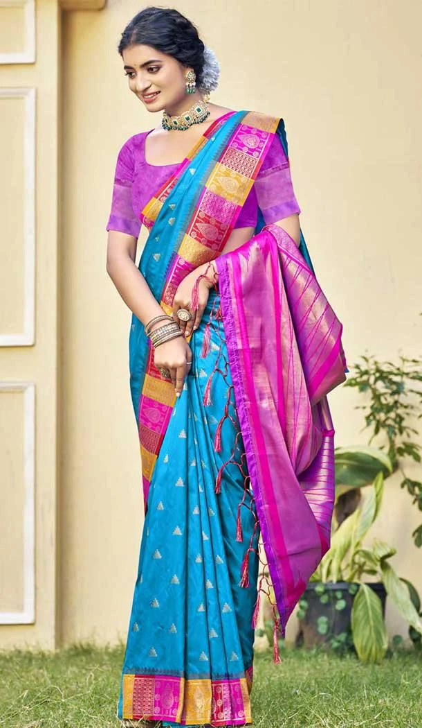 Art Silk Weaving Work Party Wear Saree In Royal Blue - 11438200854