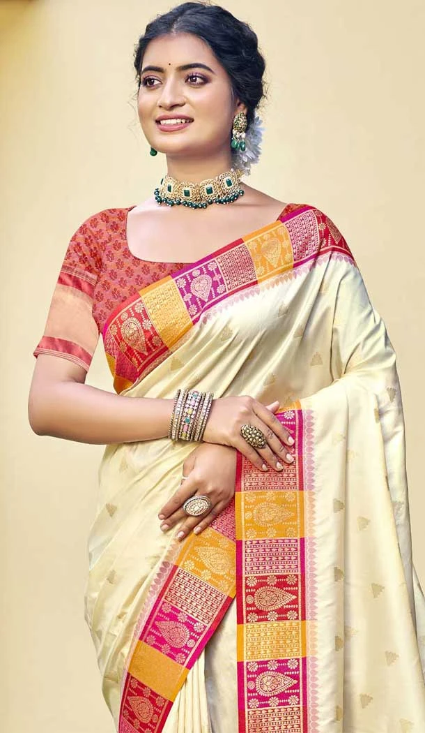Art Silk Weaving Work Party Wear Saree In Cream - 11438200856