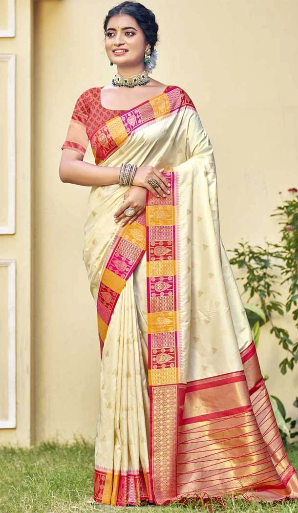 Art Silk Weaving Work Party Wear Saree In Cream - 11438200856