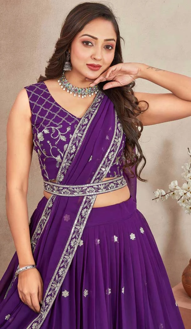 Purple Georgette Embroidered Traditional Wear Lehenga Choli - 11546201618