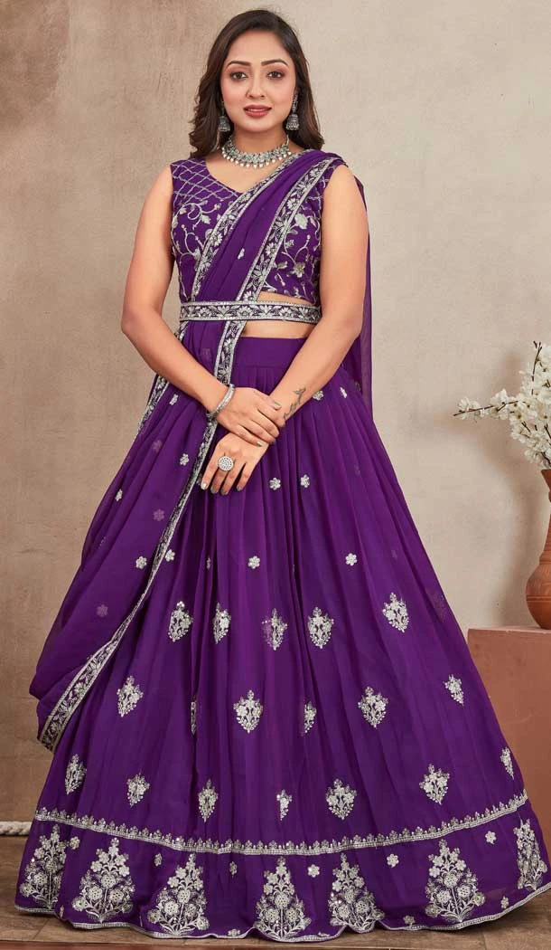Purple Georgette Embroidered Traditional Wear Lehenga Choli - 11546201618