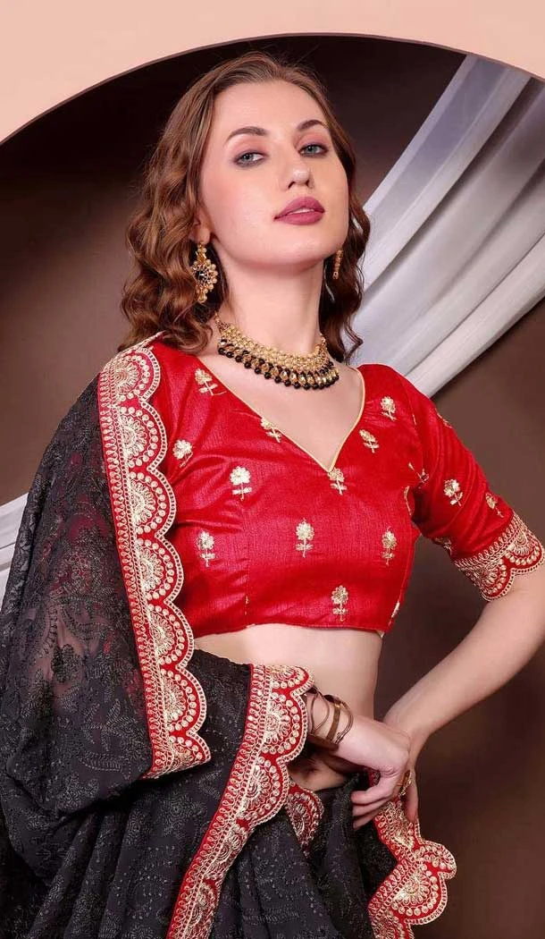 Georgette Thread Work Designer Party Wear Saree In Black - 11551201628