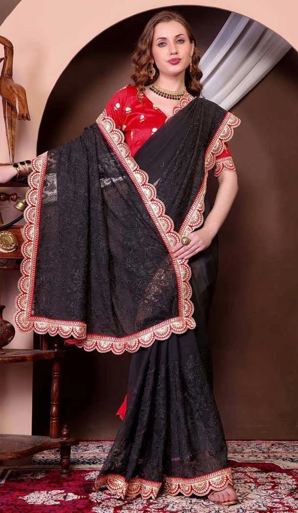 Georgette Thread Work Designer Party Wear Saree In Black - 11551201628