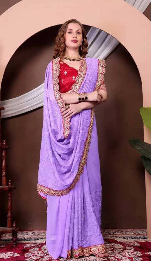 Georgette Thread Work Designer Party Wear Saree In Lavender - 11551201630