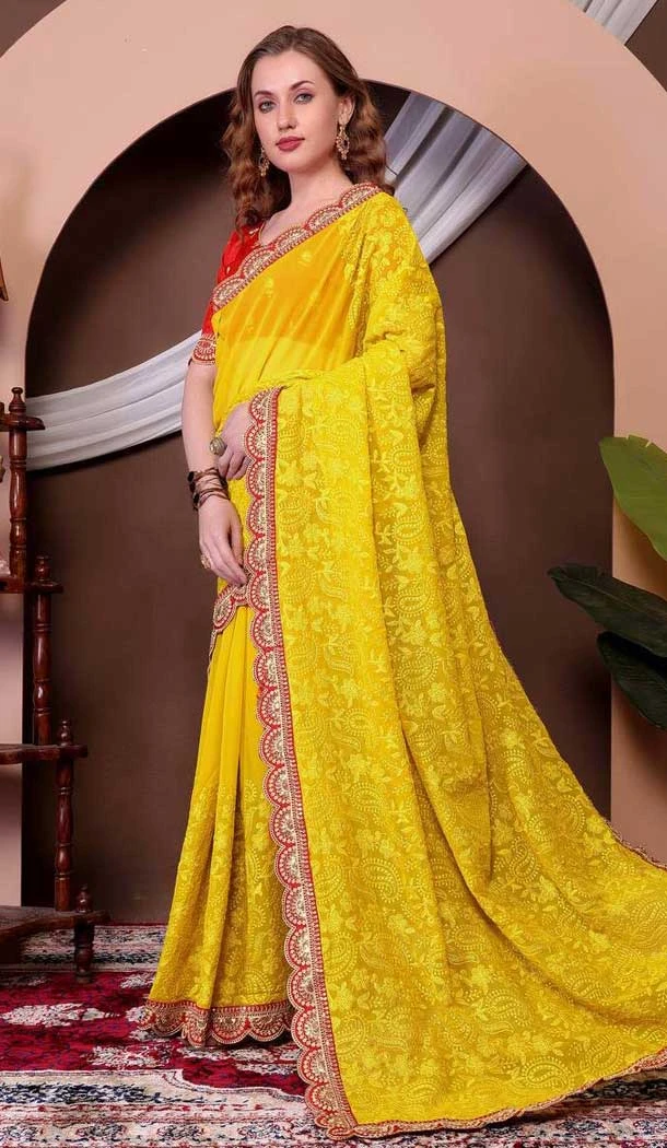 Georgette Thread Work Designer Party Wear Saree In Yellow - 11551201631