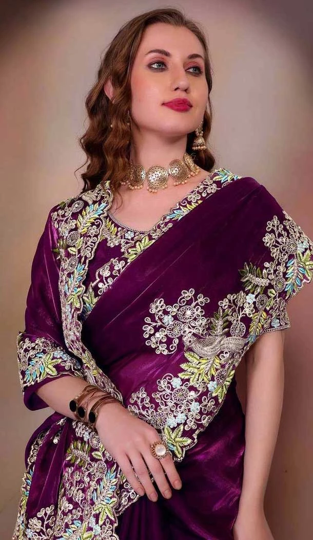 Purple Soft Jimmy Choo Embroidered Party Wear Saree - 11552201632