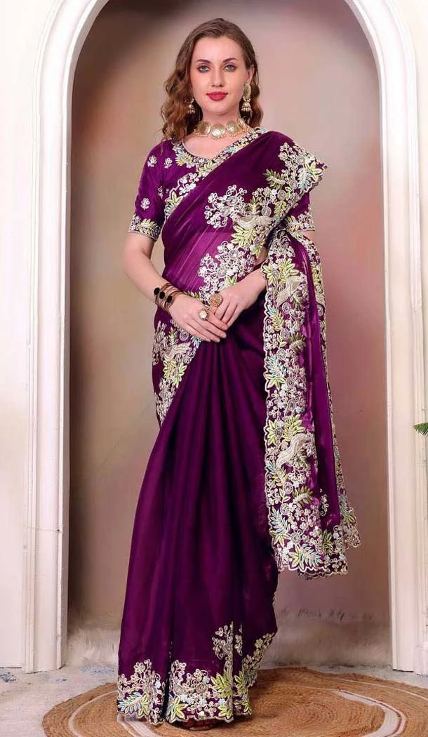 Purple Soft Jimmy Choo Embroidered Party Wear Saree - 11552201632